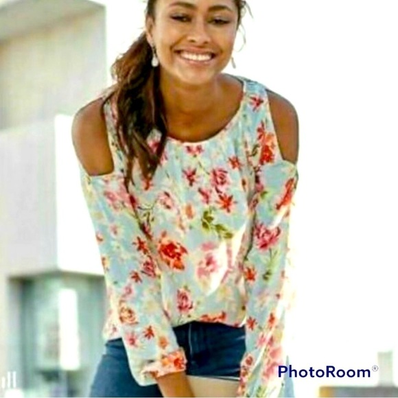 J. Jill Blue bright Floral Print Cold
Shoulder Long Sleeve flowy spring Blouse - Picture 1 of 8